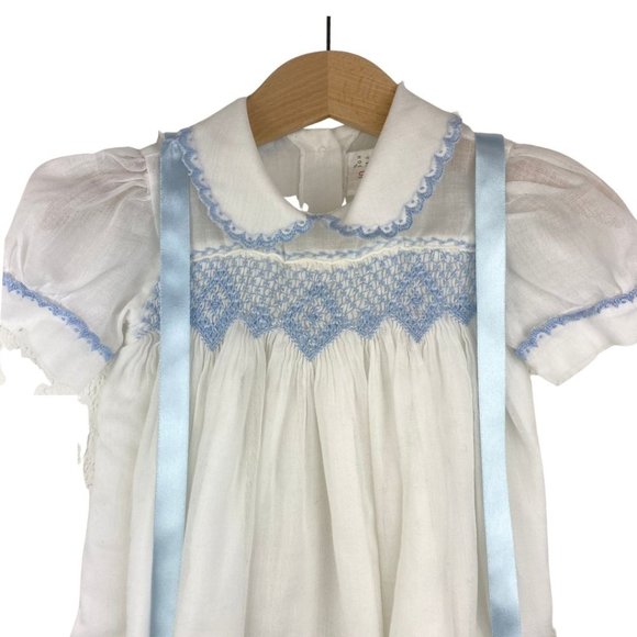 Vintage Linen Embroidery Baptism Onesie White and Light Blue 0-3 months - Picture 3 of 10